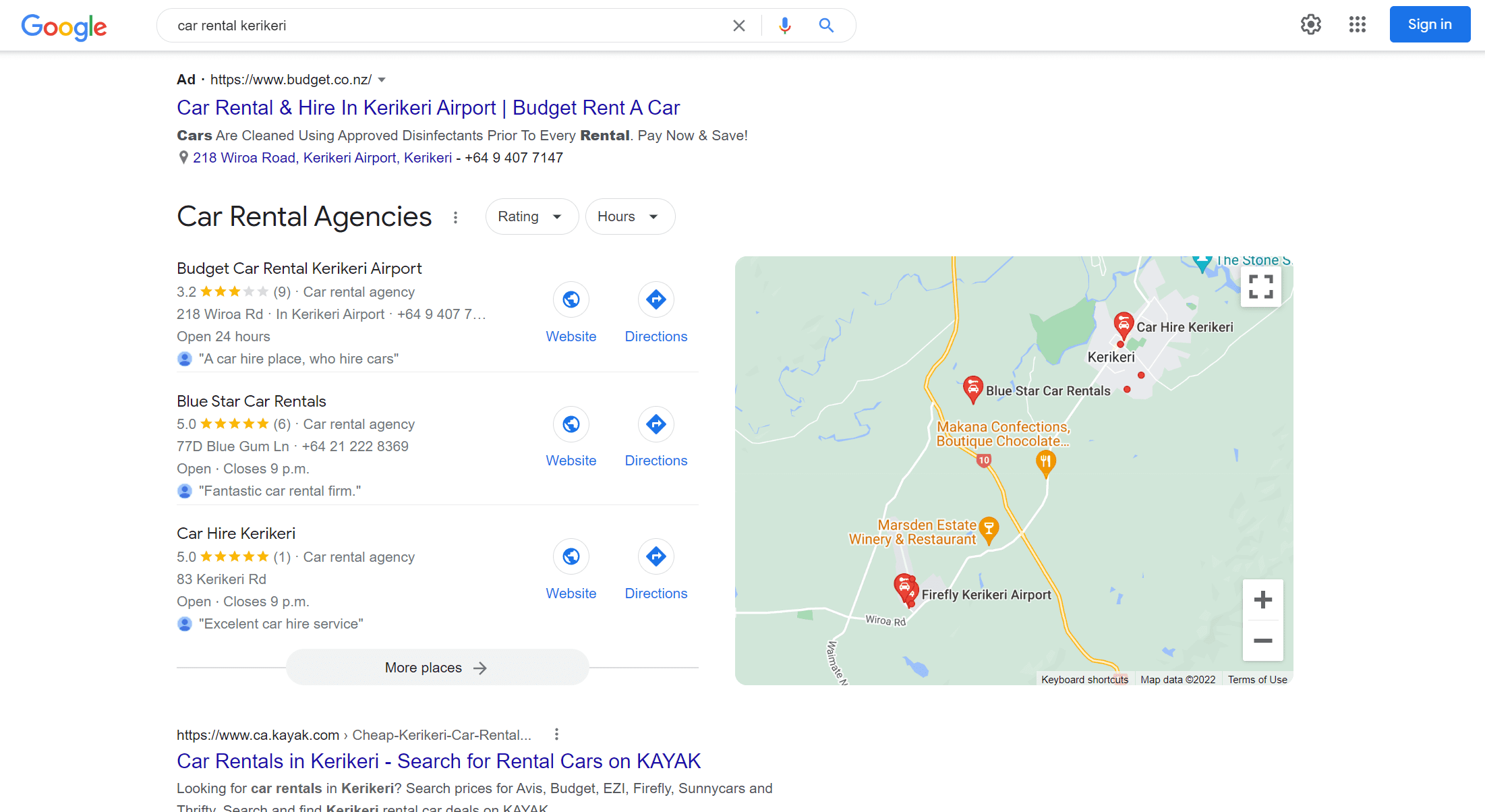 Screenshot showing Google search results for "car rental kerikeri" featuring Blue Star